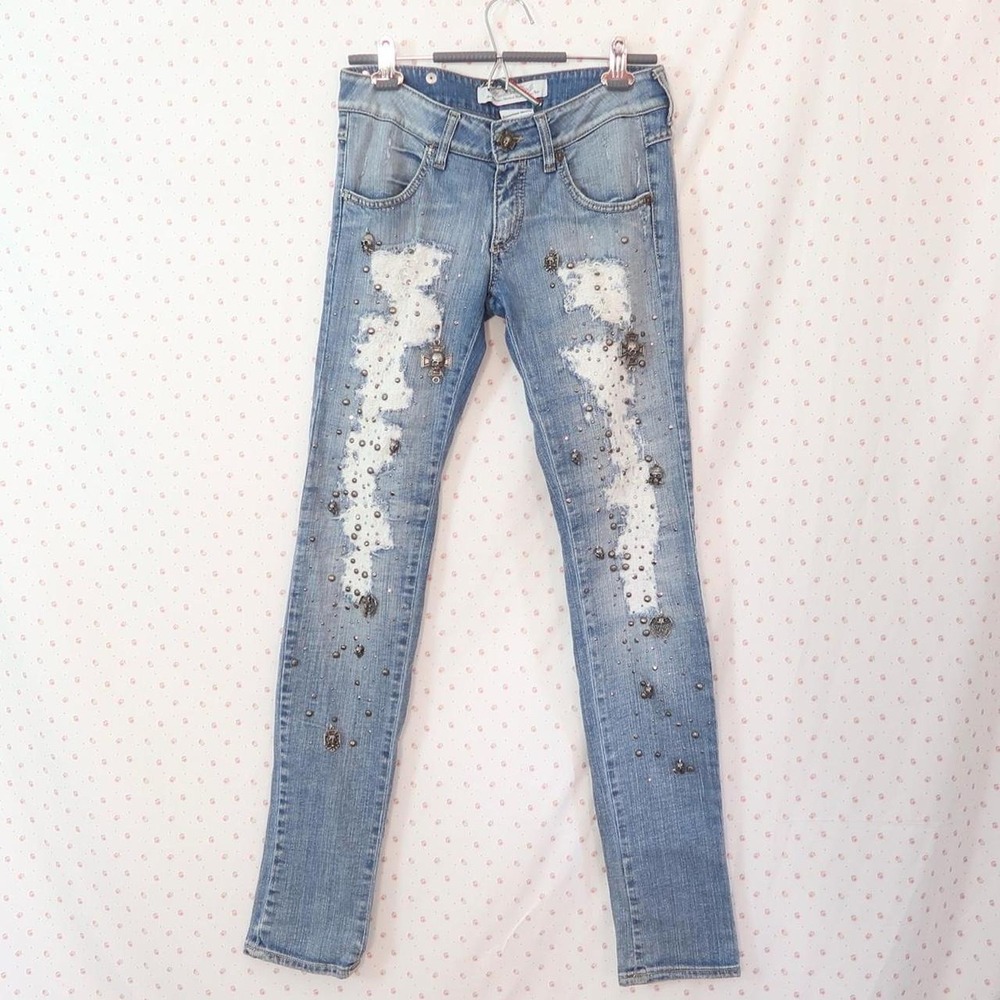 y2k MET Italy embellished rhinestone distressed skinny jeans